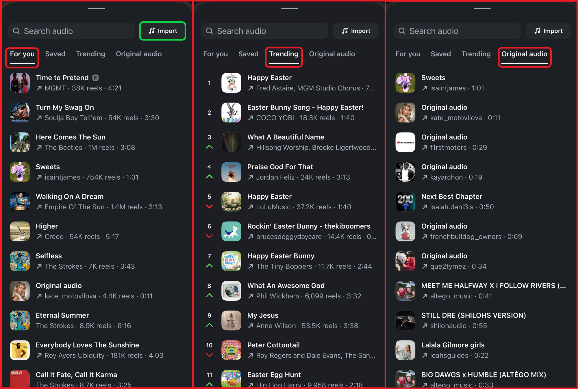 Three side-by-side screens showing the Instagram Edits music library.