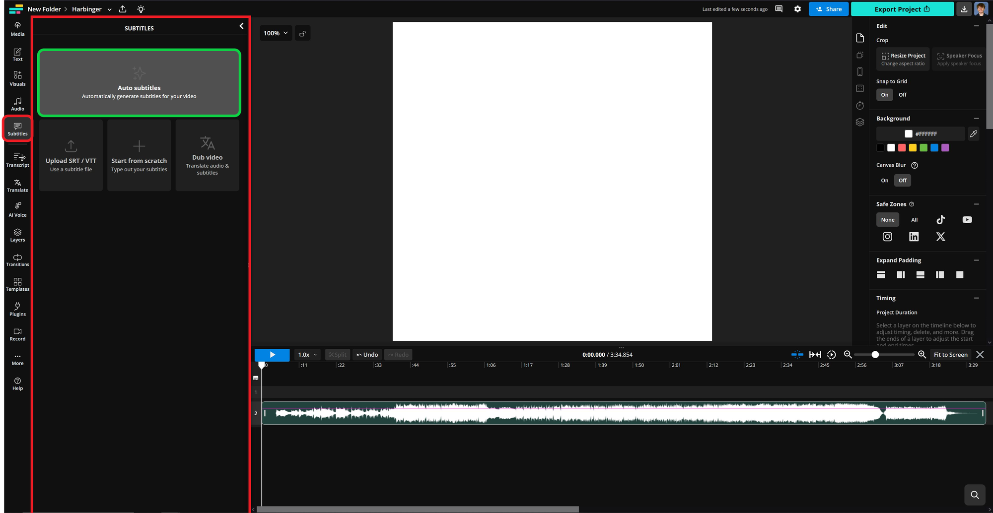 Guide showing how to generate automatic subtitles for extracted YouTube audio.