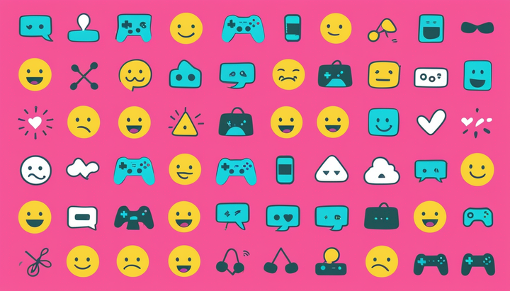 A series of small animated emoticons -- some faces, others gaming items such as headsets and controllers